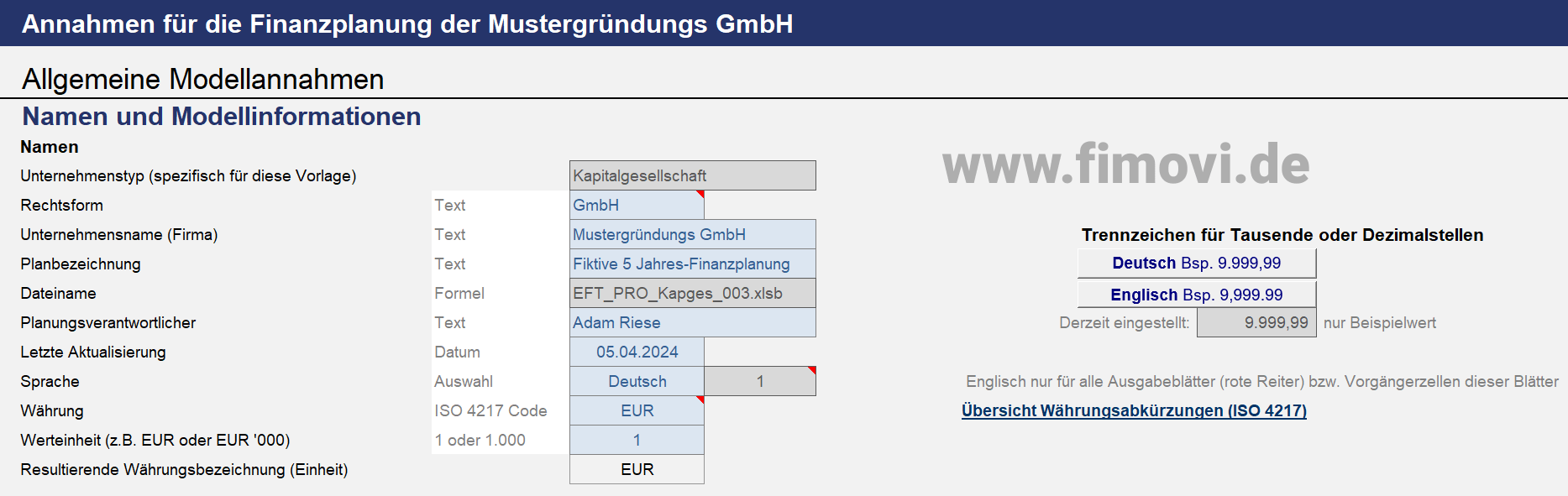 Finanzplan Vorlage: Annahmen zum Finanzplan-Modell